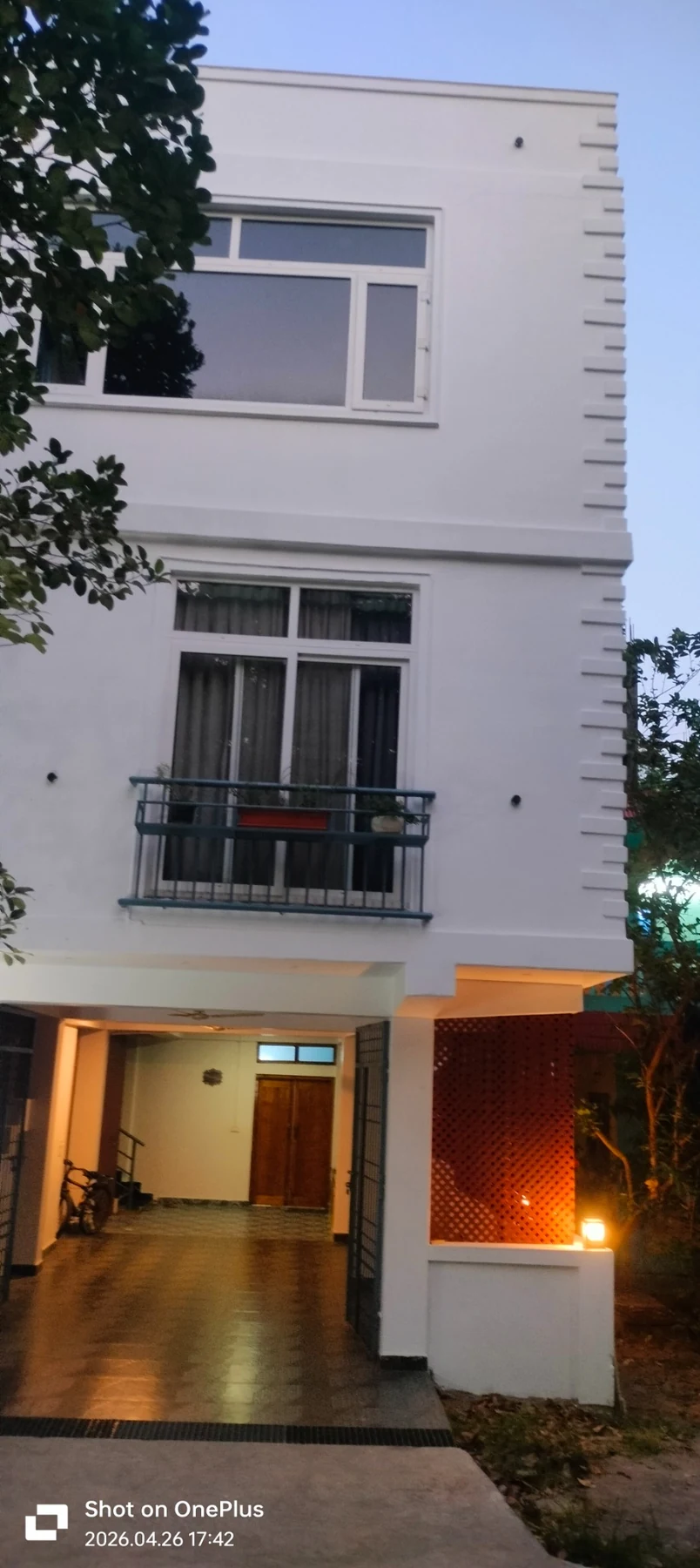 Entrance facade at dusk